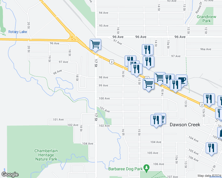 map of restaurants, bars, coffee shops, grocery stores, and more near 1625 99 Avenue in Dawson Creek