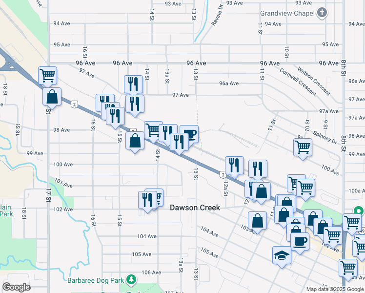 map of restaurants, bars, coffee shops, grocery stores, and more near 1316 Alaska Avenue in Dawson Creek