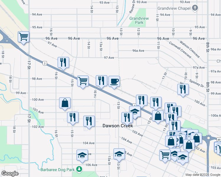 map of restaurants, bars, coffee shops, grocery stores, and more near 1316 Alaska Avenue in Dawson Creek