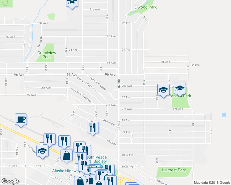 map of restaurants, bars, coffee shops, grocery stores, and more near 9629 8th Street in Dawson Creek