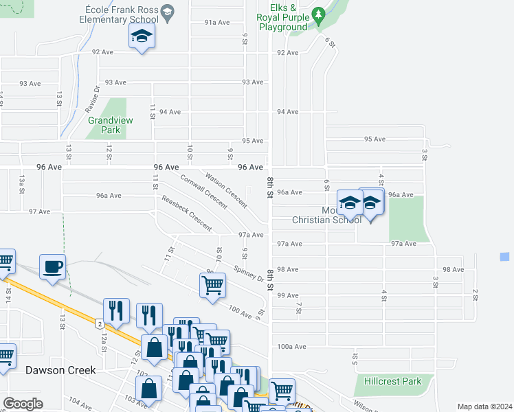 map of restaurants, bars, coffee shops, grocery stores, and more near 9629 8th Street in Dawson Creek