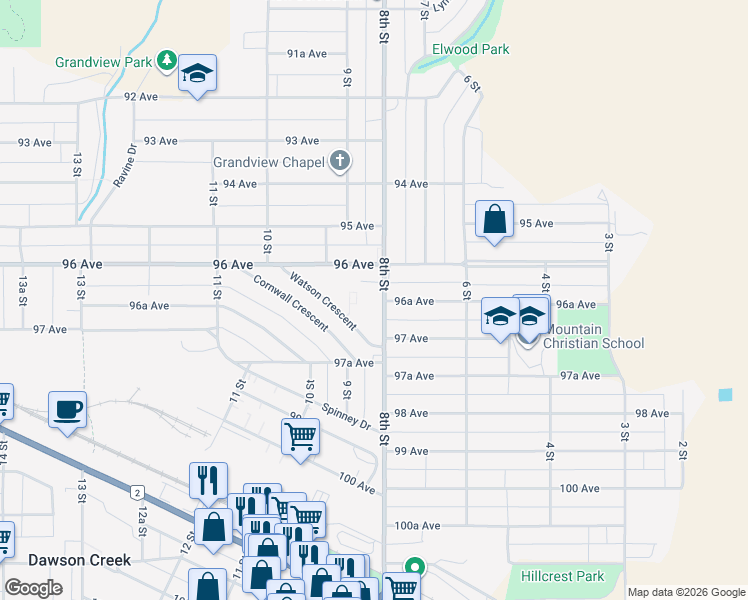 map of restaurants, bars, coffee shops, grocery stores, and more near 9629 8th Street in Dawson Creek