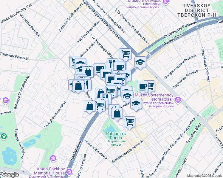 map of restaurants, bars, coffee shops, grocery stores, and more near 3 Bolshaya Sadovaya ulitsa in Moskva