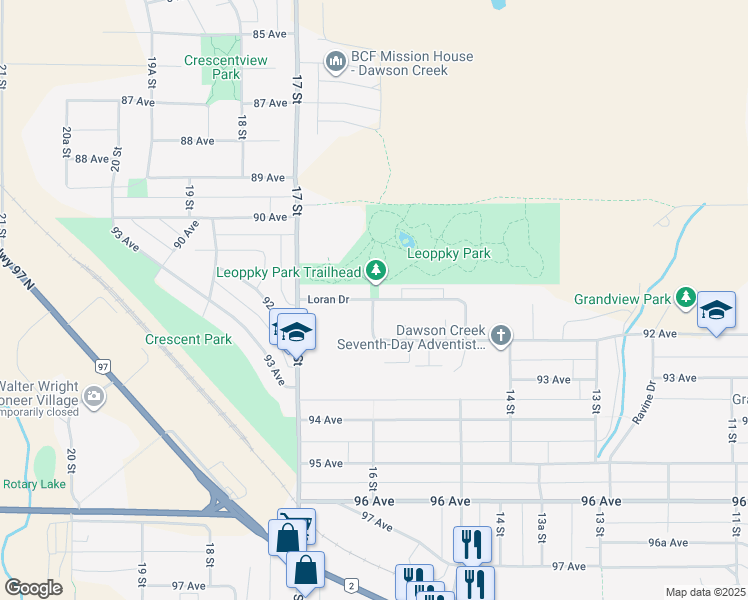 map of restaurants, bars, coffee shops, grocery stores, and more near Loran Drive in Dawson Creek