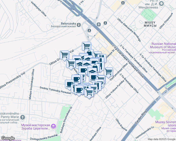 map of restaurants, bars, coffee shops, grocery stores, and more near in Moscow