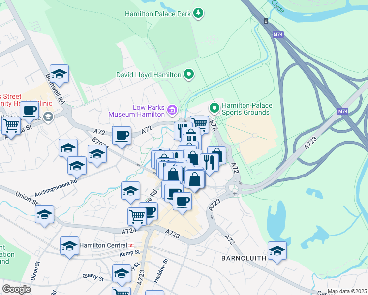 map of restaurants, bars, coffee shops, grocery stores, and more near 54 Castle Street in South Lanarkshire