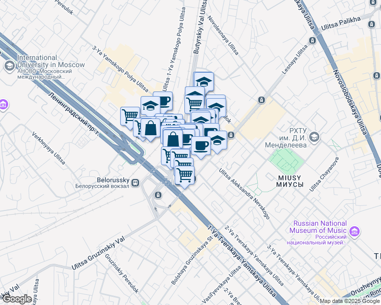 map of restaurants, bars, coffee shops, grocery stores, and more near in Moscow
