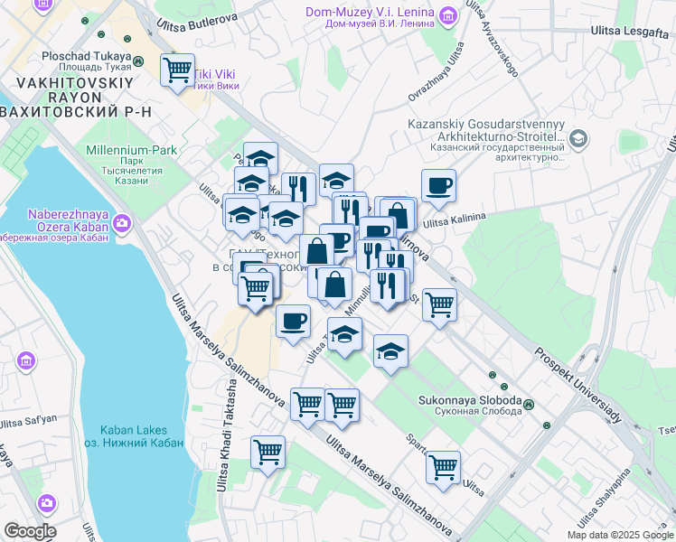 map of restaurants, bars, coffee shops, grocery stores, and more near 52 Peterburgskaya Street in Kazan