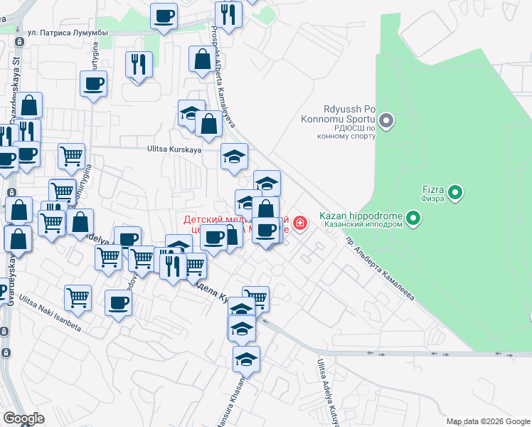 map of restaurants, bars, coffee shops, grocery stores, and more near in Kazan