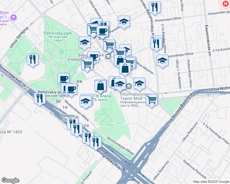 map of restaurants, bars, coffee shops, grocery stores, and more near 36 Leningradsky Avenue in Moscow