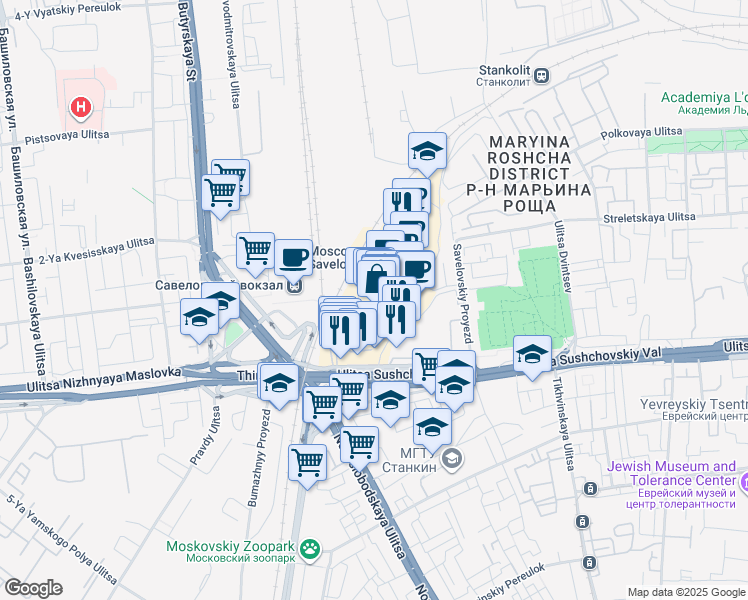 map of restaurants, bars, coffee shops, grocery stores, and more near in Moskva