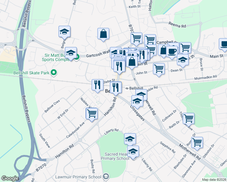 map of restaurants, bars, coffee shops, grocery stores, and more near in Bellshill