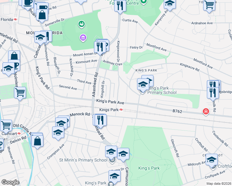 map of restaurants, bars, coffee shops, grocery stores, and more near 166 Kingswood Drive in Glasgow City