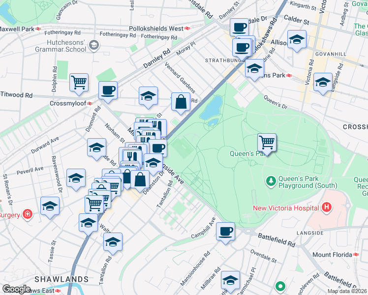 map of restaurants, bars, coffee shops, grocery stores, and more near 941 Pollokshaws Road in Glasgow City