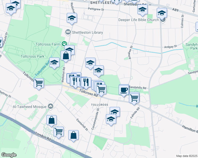 map of restaurants, bars, coffee shops, grocery stores, and more near 85 Anwoth Street in Glasgow