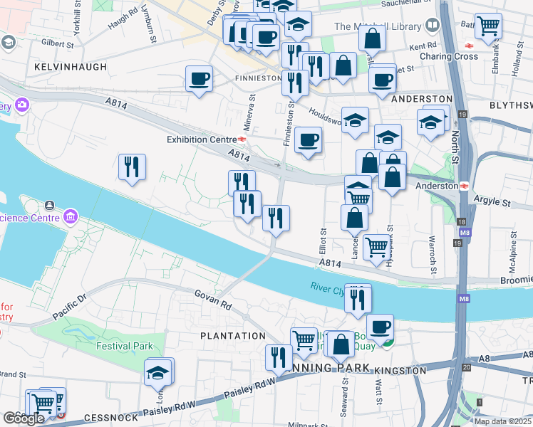 map of restaurants, bars, coffee shops, grocery stores, and more near 192 Finnieston Street in Glasgow City