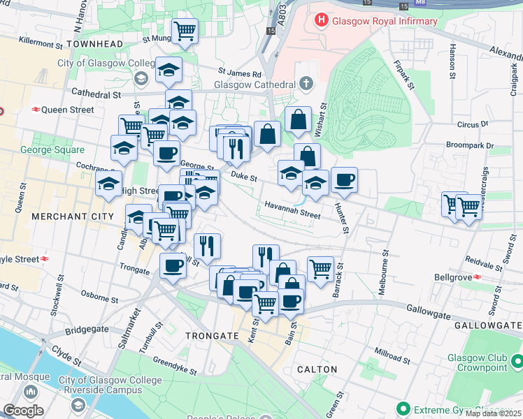 map of restaurants, bars, coffee shops, grocery stores, and more near 10 Havannah Street in Glasgow City