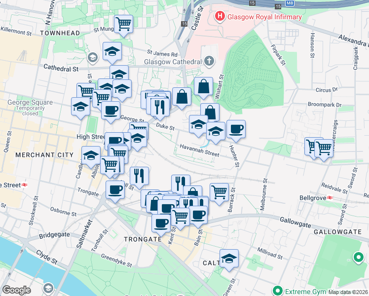 map of restaurants, bars, coffee shops, grocery stores, and more near 10 Havannah Street in Glasgow City