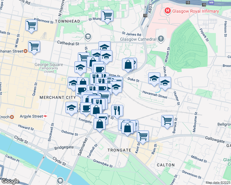 map of restaurants, bars, coffee shops, grocery stores, and more near 136 High Street in Glasgow City