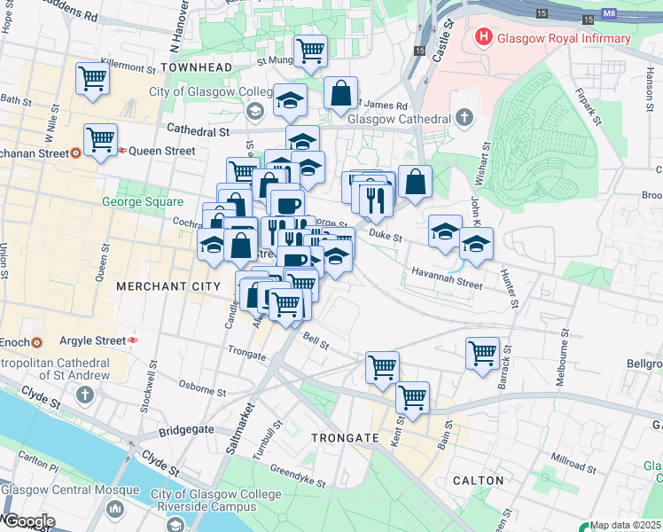 map of restaurants, bars, coffee shops, grocery stores, and more near 136 High Street in Glasgow City