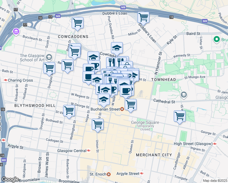 map of restaurants, bars, coffee shops, grocery stores, and more near West Nile Street in Glasgow City