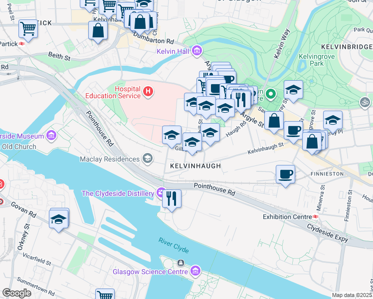 map of restaurants, bars, coffee shops, grocery stores, and more near 31 Gilbert Street in Glasgow City