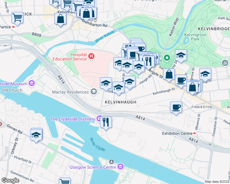 map of restaurants, bars, coffee shops, grocery stores, and more near 31 Gilbert Street in Glasgow City
