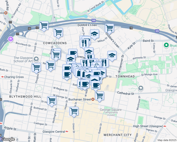 map of restaurants, bars, coffee shops, grocery stores, and more near West Nile Street in Glasgow City