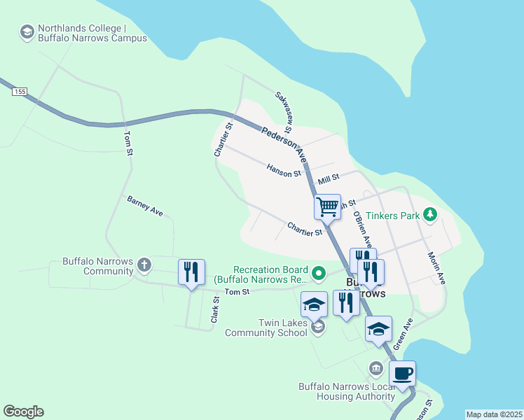 map of restaurants, bars, coffee shops, grocery stores, and more near Macdonald Place in Buffalo Narrows