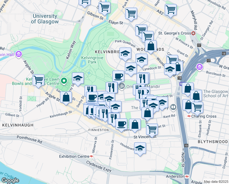 map of restaurants, bars, coffee shops, grocery stores, and more near 20 North Claremont Street in Glasgow City