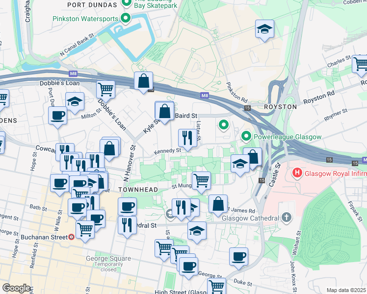 map of restaurants, bars, coffee shops, grocery stores, and more near 210 Kennedy Street in Glasgow City
