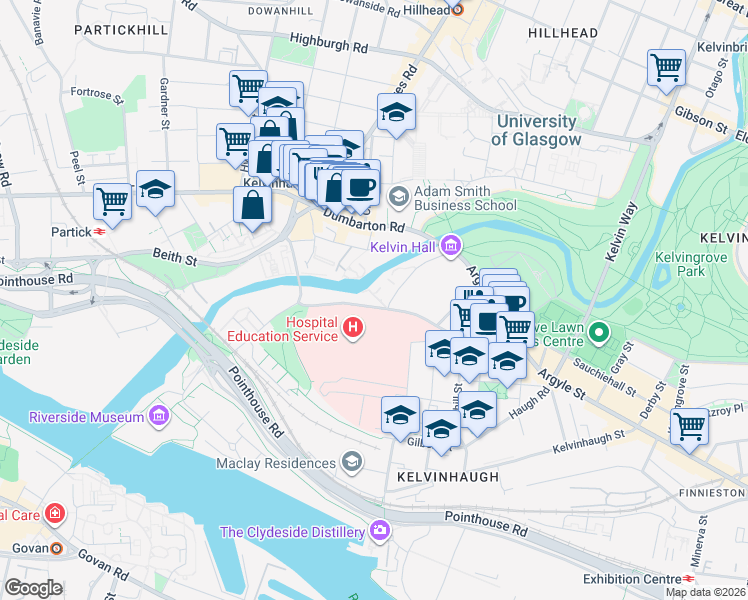 map of restaurants, bars, coffee shops, grocery stores, and more near 180 Old Dumbarton Road in Glasgow City