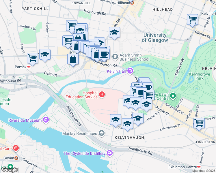map of restaurants, bars, coffee shops, grocery stores, and more near 180 Old Dumbarton Road in Glasgow City