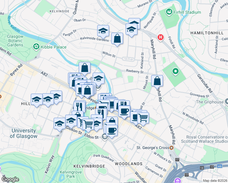 map of restaurants, bars, coffee shops, grocery stores, and more near 90 South Woodside Road in Glasgow City