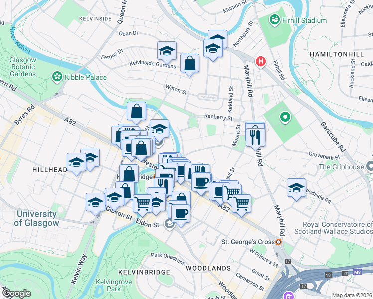 map of restaurants, bars, coffee shops, grocery stores, and more near 90 South Woodside Road in Glasgow City