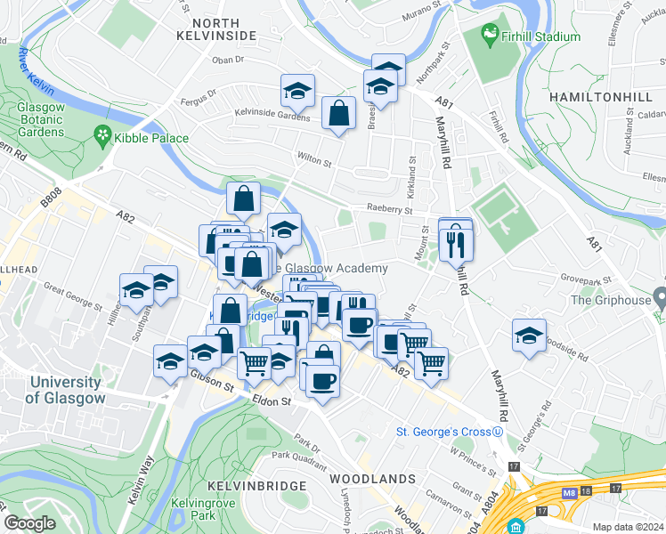 map of restaurants, bars, coffee shops, grocery stores, and more near 90 South Woodside Road in Glasgow City