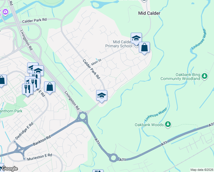 map of restaurants, bars, coffee shops, grocery stores, and more near 4 Bishops Park in Mid Calder