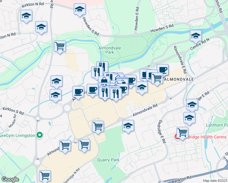 map of restaurants, bars, coffee shops, grocery stores, and more near 90 Almondvale Avenue in West Lothian