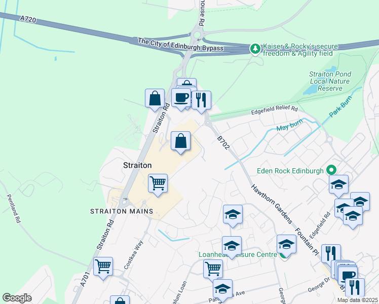 map of restaurants, bars, coffee shops, grocery stores, and more near Straiton Mains in Straiton