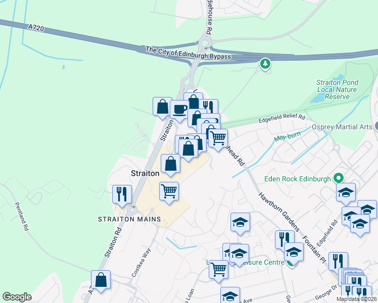 map of restaurants, bars, coffee shops, grocery stores, and more near Straiton Mains in Straiton