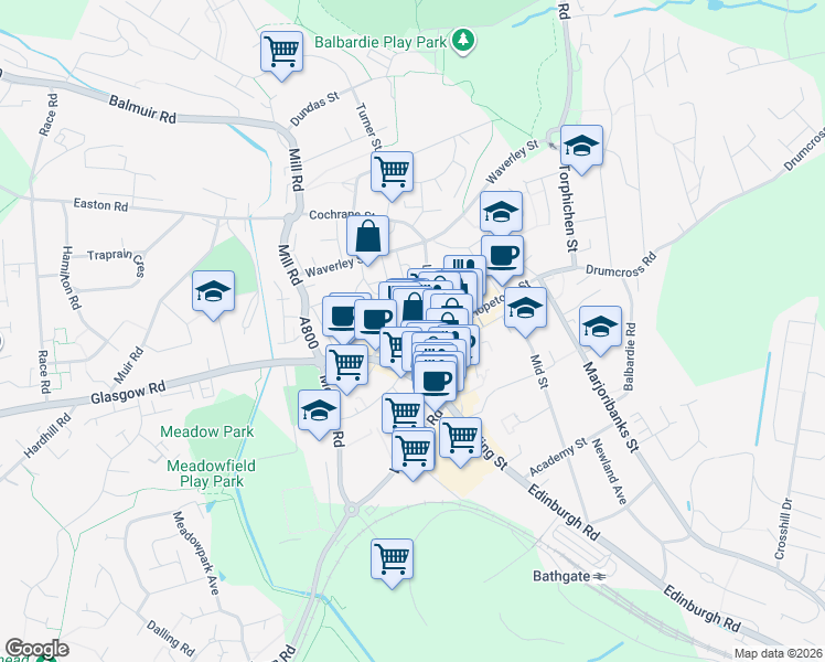 map of restaurants, bars, coffee shops, grocery stores, and more near in Bathgate