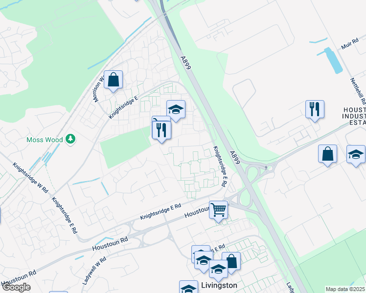 map of restaurants, bars, coffee shops, grocery stores, and more near Cameron Way in West Lothian