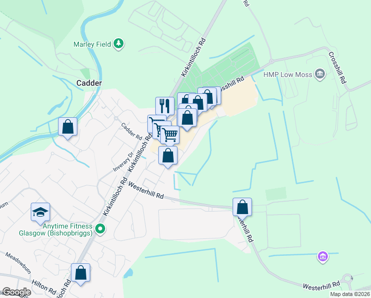 map of restaurants, bars, coffee shops, grocery stores, and more near 28 Wellington Road in Bishopbriggs