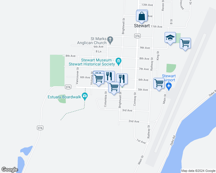 map of restaurants, bars, coffee shops, grocery stores, and more near 405 5th Avenue in Stewart
