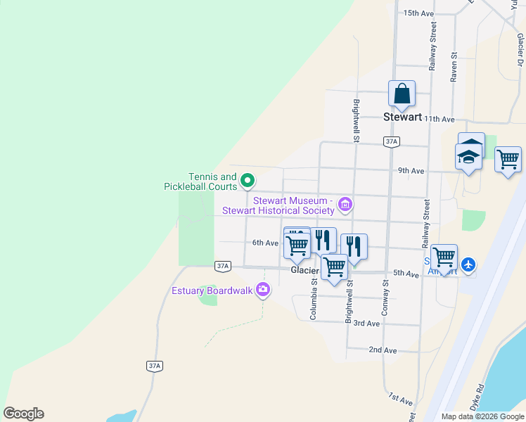 map of restaurants, bars, coffee shops, grocery stores, and more near 203 7th Avenue in Kitimat-Stikine