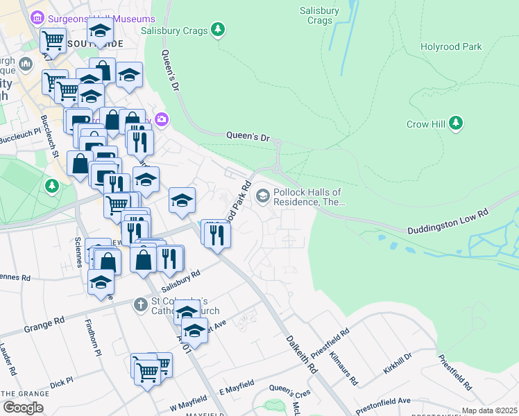 map of restaurants, bars, coffee shops, grocery stores, and more near 18 Holyrood Park Road in Edinburgh