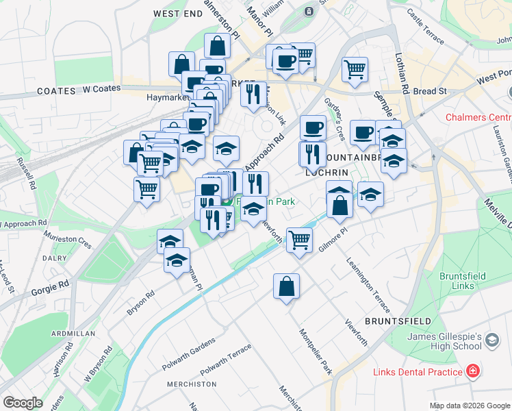 map of restaurants, bars, coffee shops, grocery stores, and more near 114 Dundee Street in Edinburgh