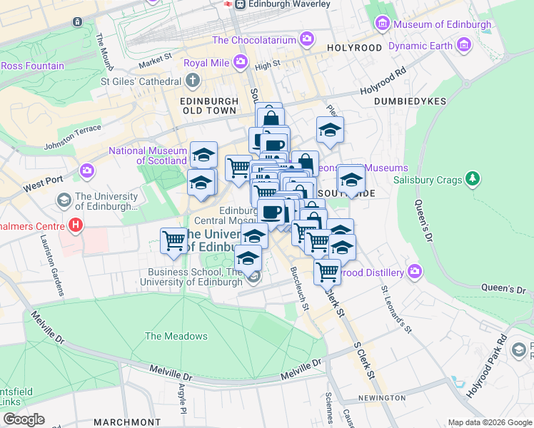 map of restaurants, bars, coffee shops, grocery stores, and more near 16 Potterrow in Edinburgh