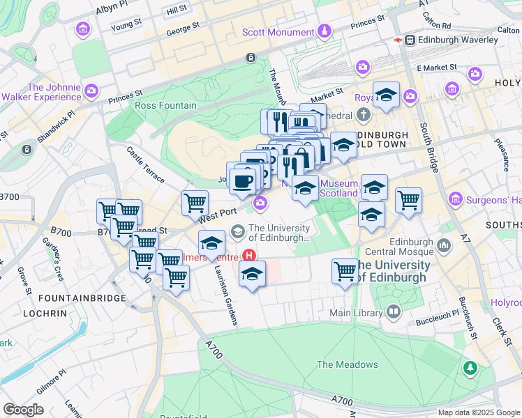 map of restaurants, bars, coffee shops, grocery stores, and more near in Edinburgh