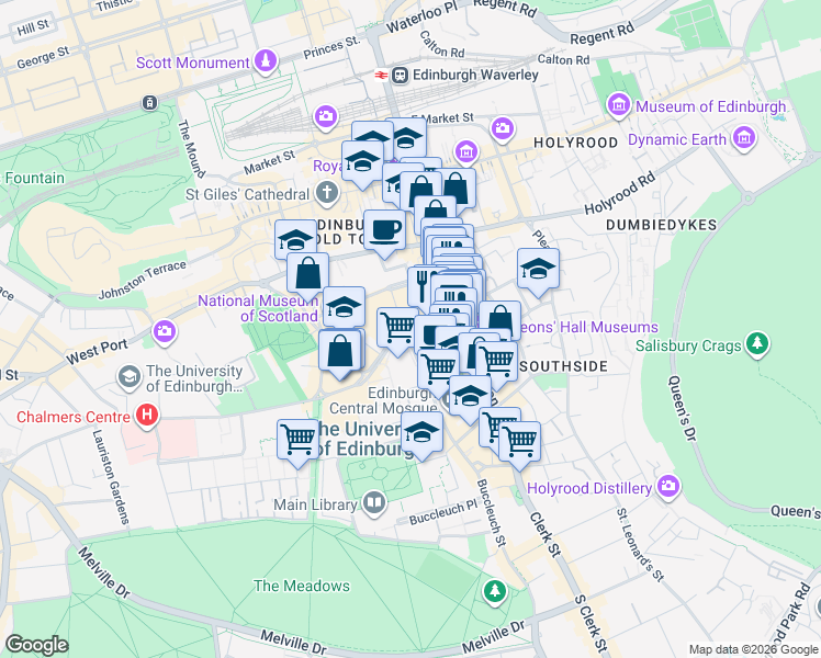 map of restaurants, bars, coffee shops, grocery stores, and more near 16 Potterrow in Edinburgh